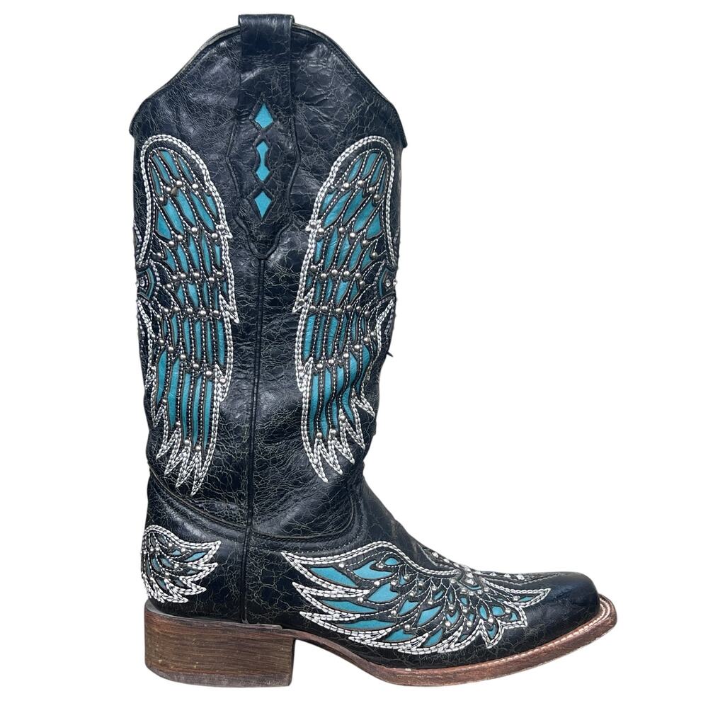 Corral Black Turquoise Wing Inlay Studded Cross Cowgirl Boots Size 8